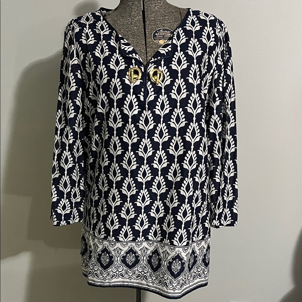 Charter Club Navy and White Leaf Print Tunic
